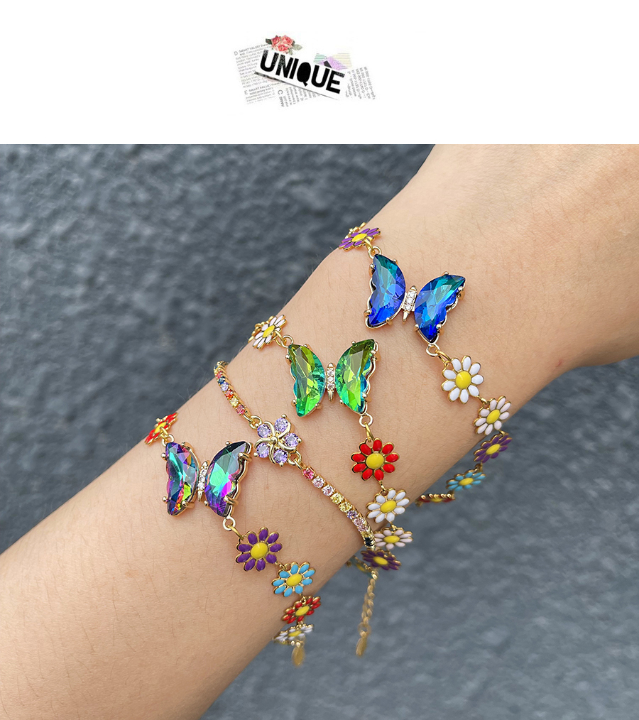 Fashion Green Titanium Steel Inlaid Zirconium Oil Drop Flower Crystal Butterfly Bracelet,Bracelets
