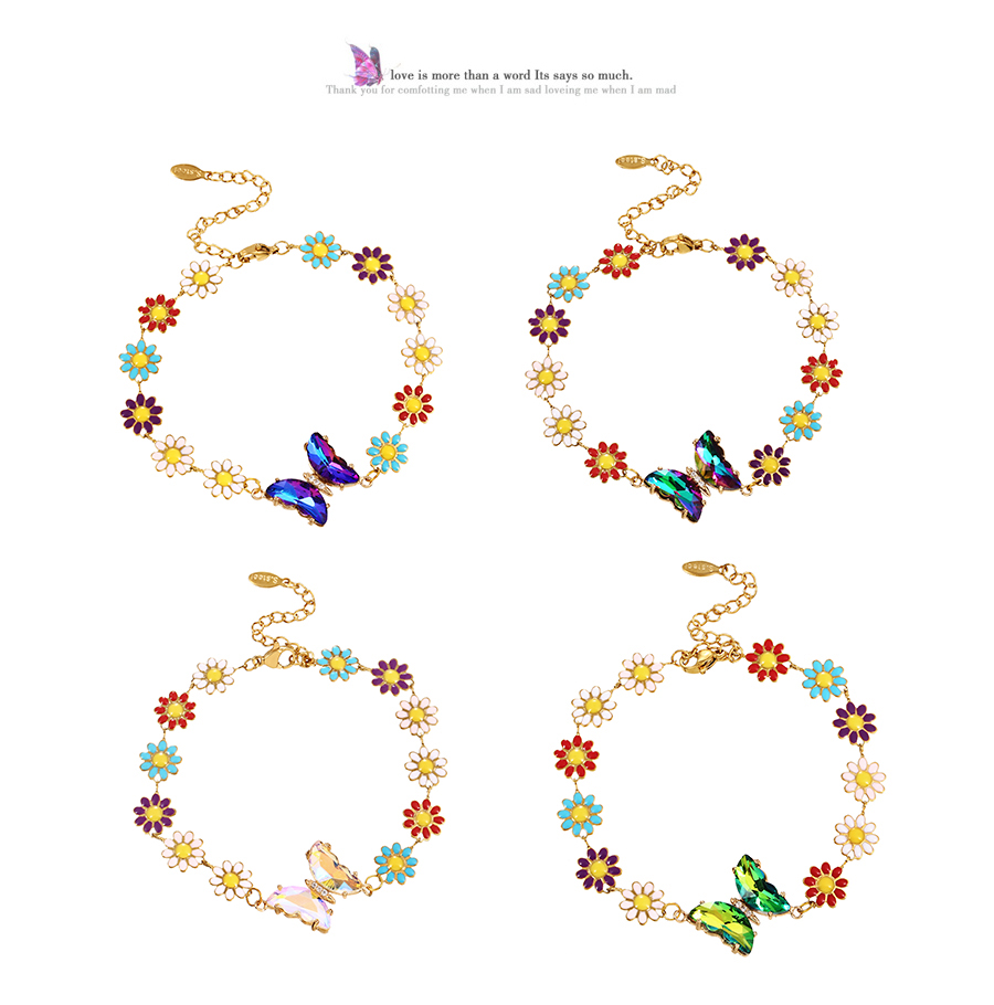 Fashion Color Titanium Steel Inlaid Zirconium Oil Drop Flower Crystal Butterfly Bracelet,Bracelets