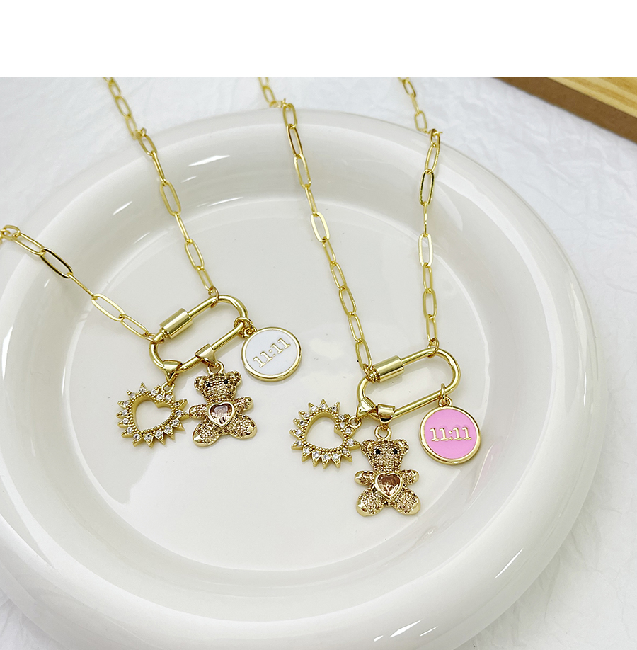 Fashion Rose Red Bronze Zirconium Heart Bear Drip Oil Medal Necklace,Necklaces