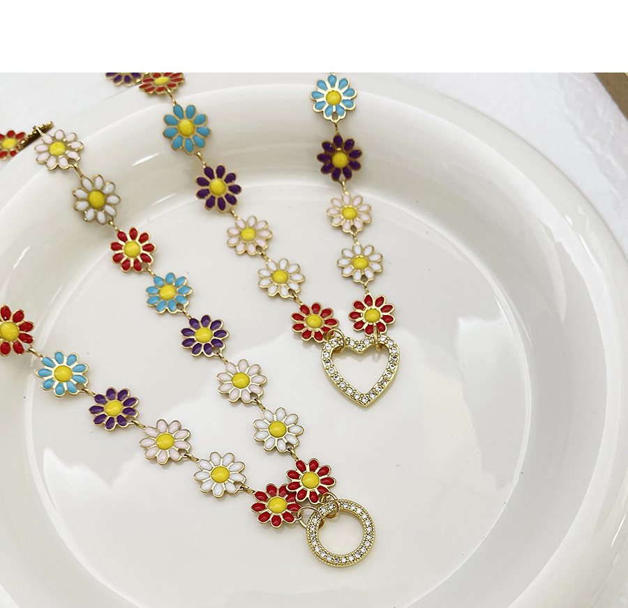 Fashion Round Titanium Steel Set With Zircon Oil Drop Flower Round Necklace,Necklaces