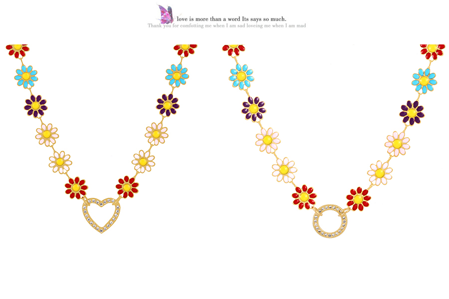 Fashion Round Titanium Steel Set With Zircon Oil Drop Flower Round Necklace,Necklaces