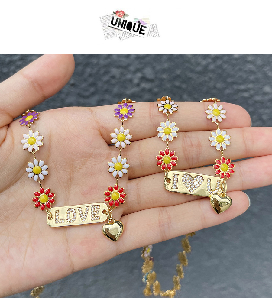 Fashion Love Titanium Steel Inlaid Zirconium Letter Love Oil Drop Flower Necklace,Necklaces