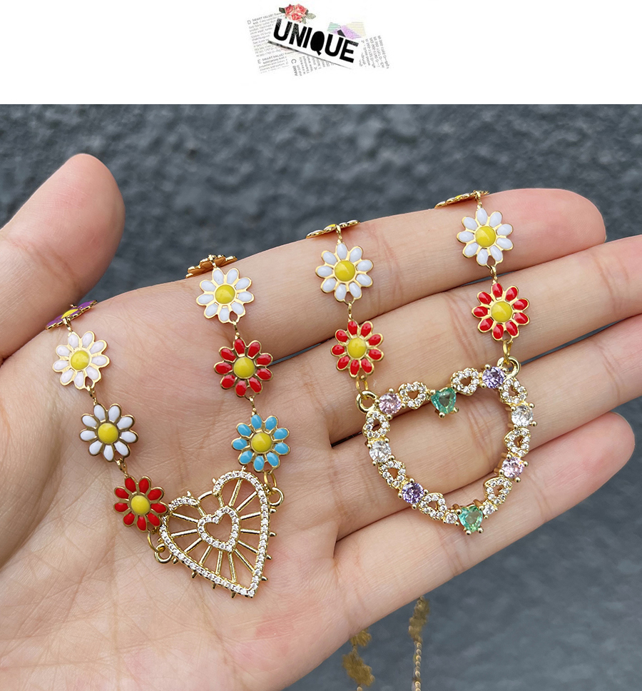 Fashion Love-2 Titanium Steel Inlaid Zirconium Oil Drop Flower Inlaid Diamond Heart Necklace,Necklaces