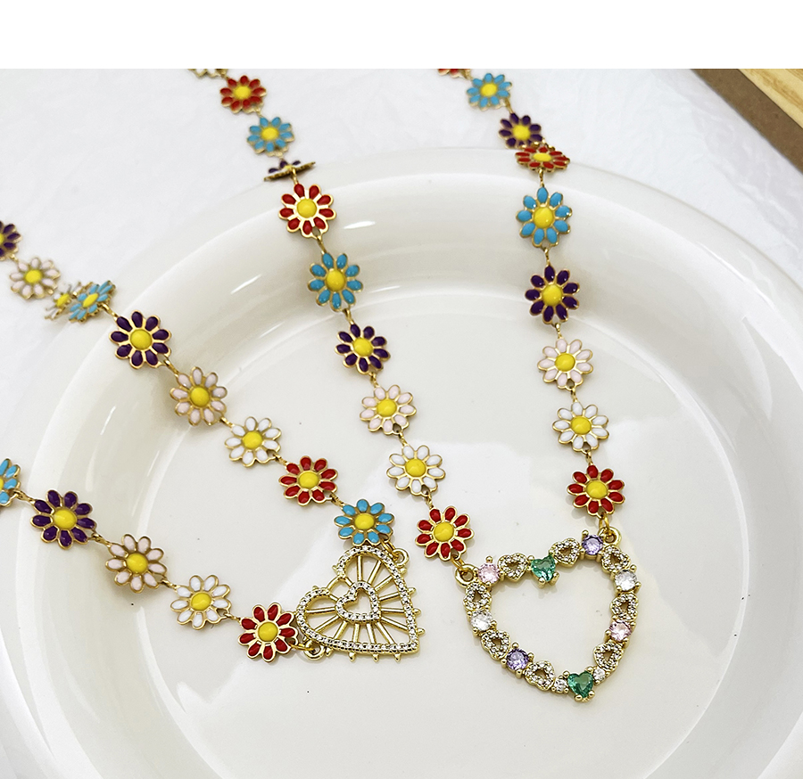 Fashion Love Titanium Steel Inlaid Zirconium Oil Drop Flower Inlaid Diamond Heart Necklace,Necklaces