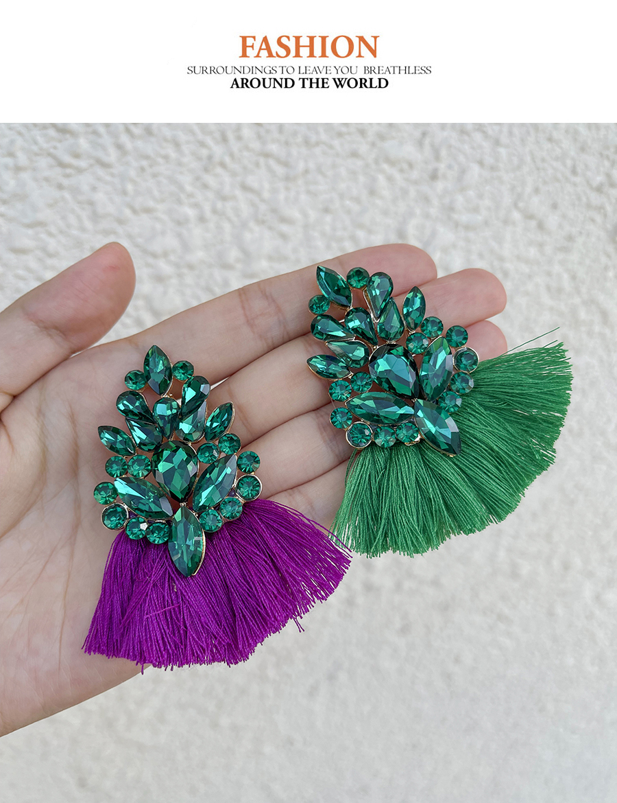 Fashion Green Alloy Diamond Water Drop Leaf Tassel Stud Earrings,Stud Earrings