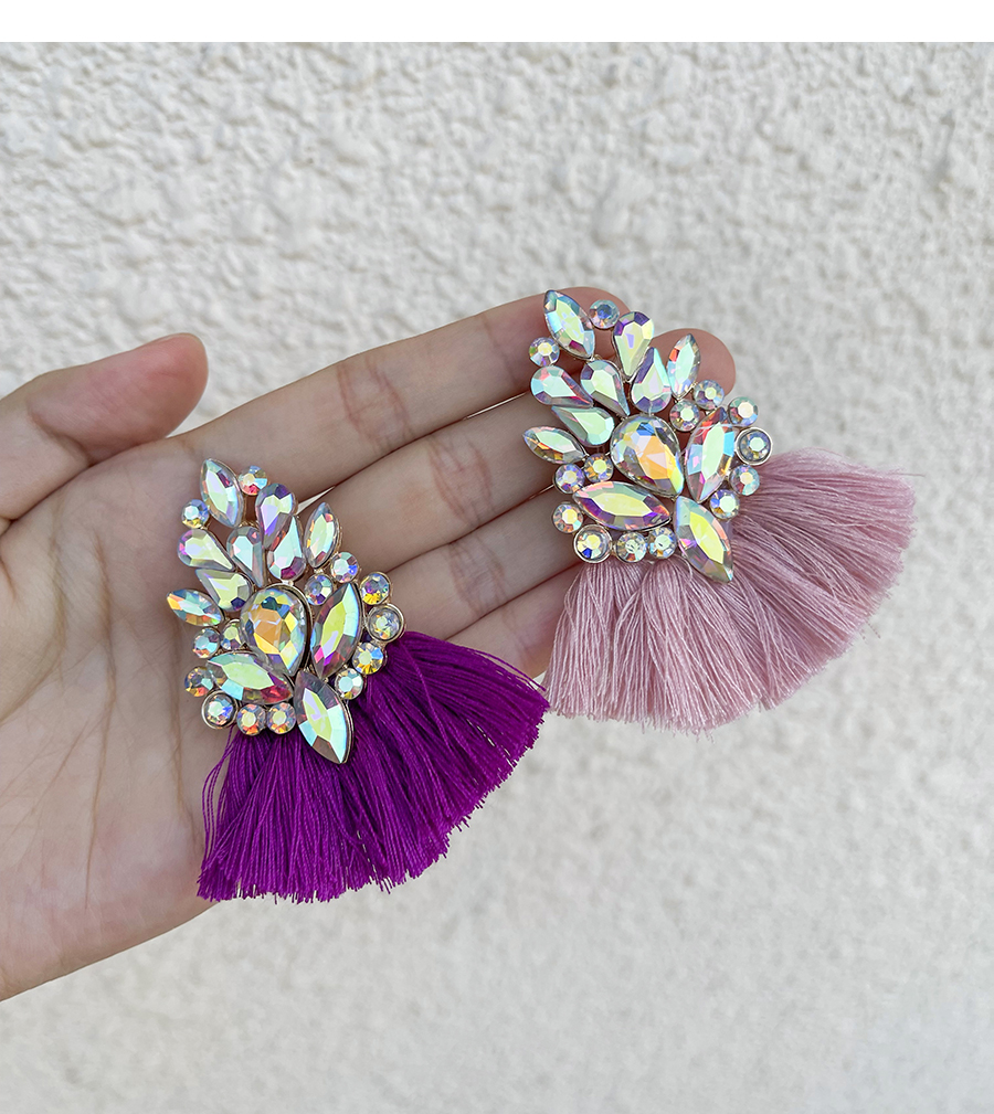 Fashion Ab Color + Pink Alloy Diamond Water Drop Leaf Tassel Stud Earrings,Stud Earrings