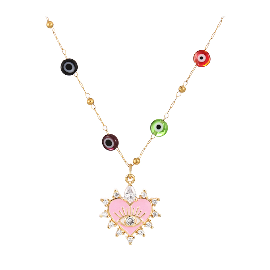 Fashion Pink Titanium Steel Inlaid Zircon Oil Eye Love Pendant Necklace,Necklaces