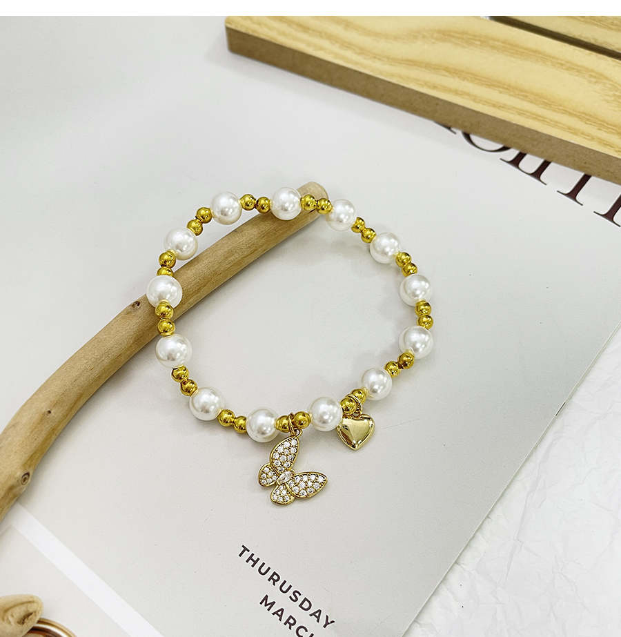 Fashion Gold Bronze Zirconium Butterfly Pearl Beaded Heart Bracelet,Bracelets