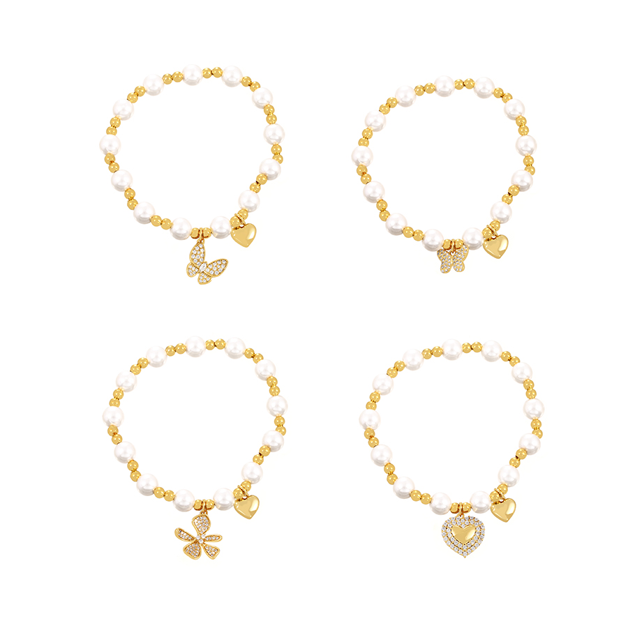 Fashion Gold-2 Bronze Zirconium Heart Pearl Beaded Bracelet,Bracelets