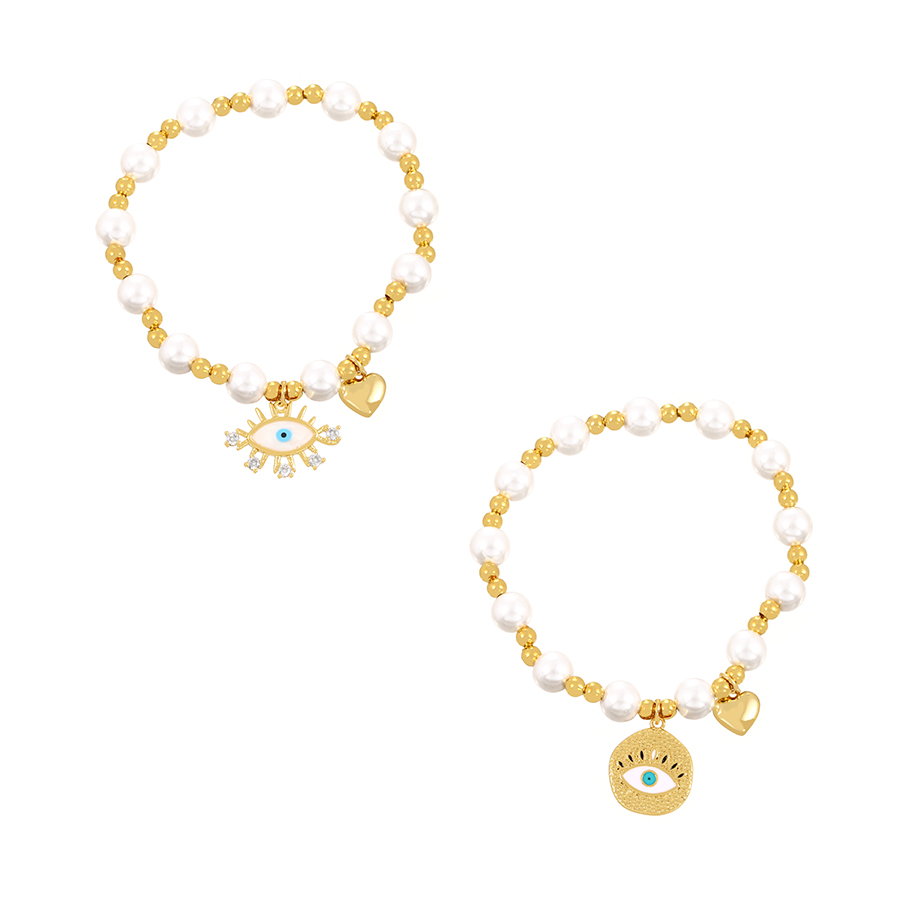 Fashion Gold Bronze Zirconium Geometric Eye Medal Pearl Beaded Bracelet,Bracelets