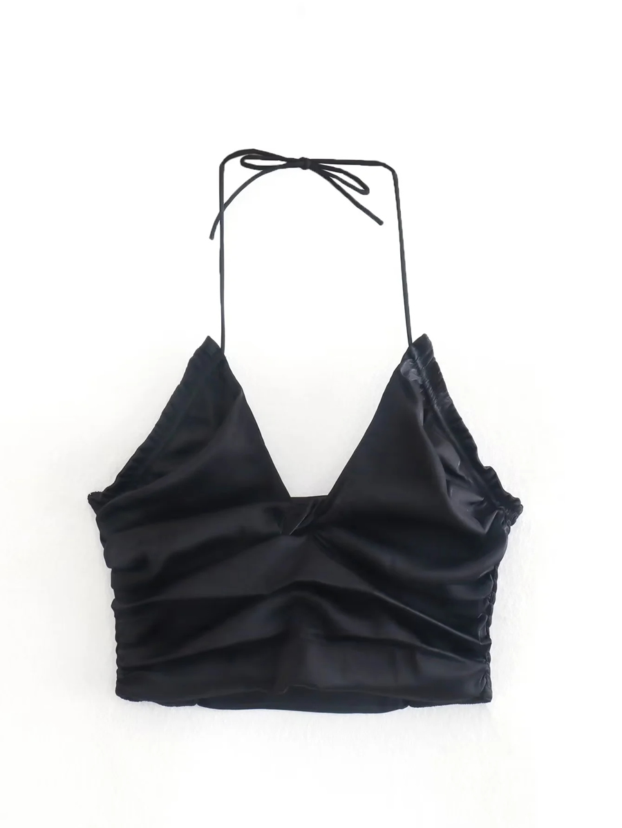Fashion Black Woven Halterneck Pleated Top,Tank Tops & Camis
