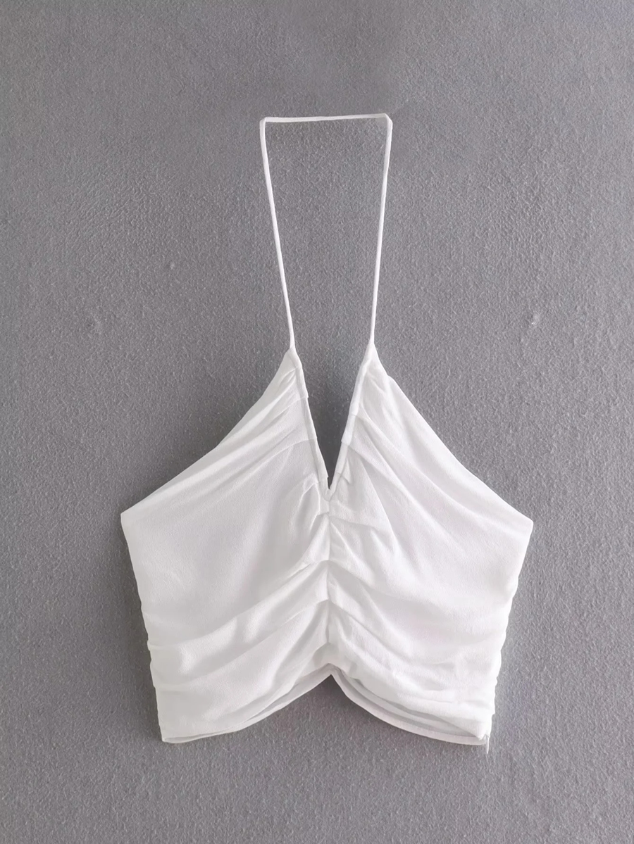 Fashion White Woven Halterneck Pleated Top,Tank Tops & Camis