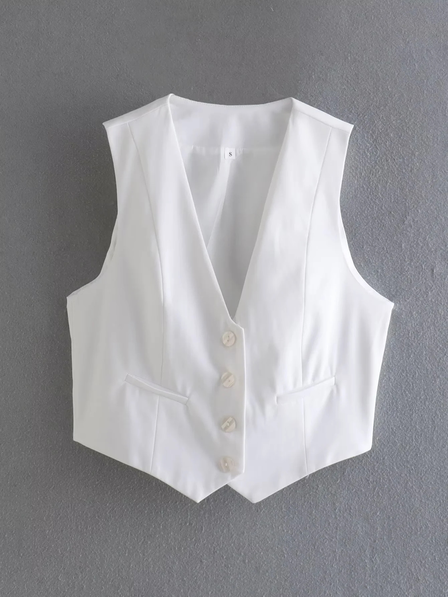 Fashion White Woven Breasted V-neck Sleeveless Vest,Tank Tops & Camis