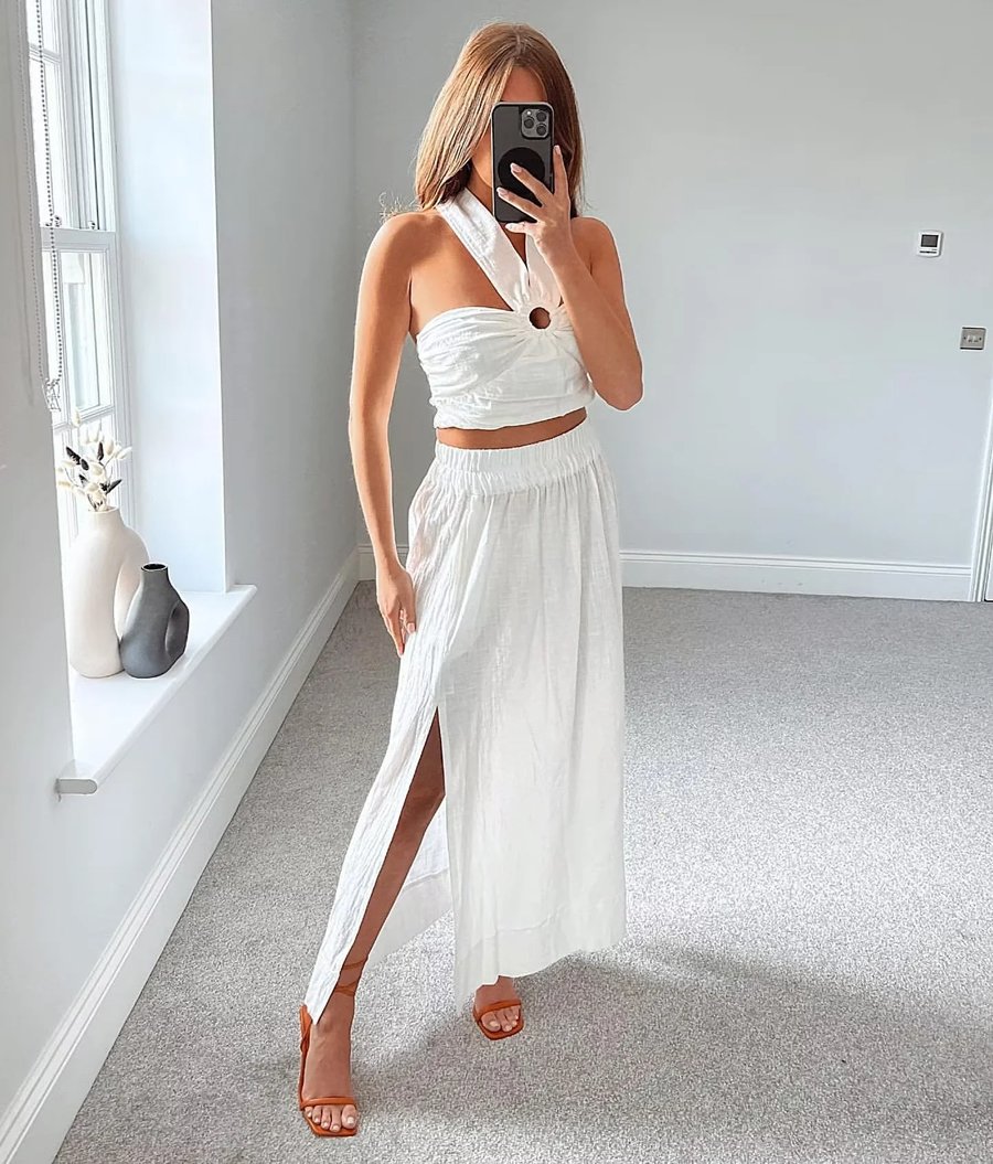 Fashion White Woven Buckle Halter Tank Top,Tank Tops & Camis