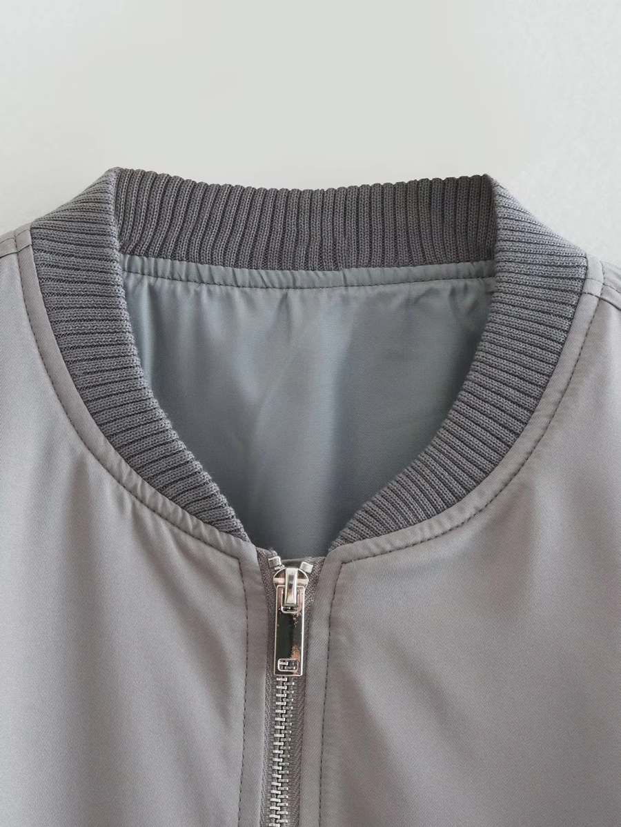 Fashion Grey Woven Zip Stand Collar Jacket,Coat-Jacket