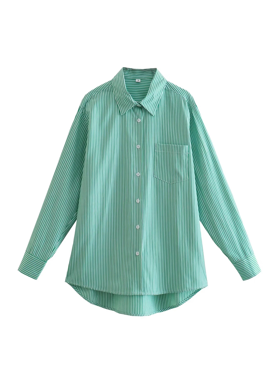 Fashion Green Woven Striped Button Down Collar Shirt,Tank Tops & Camis