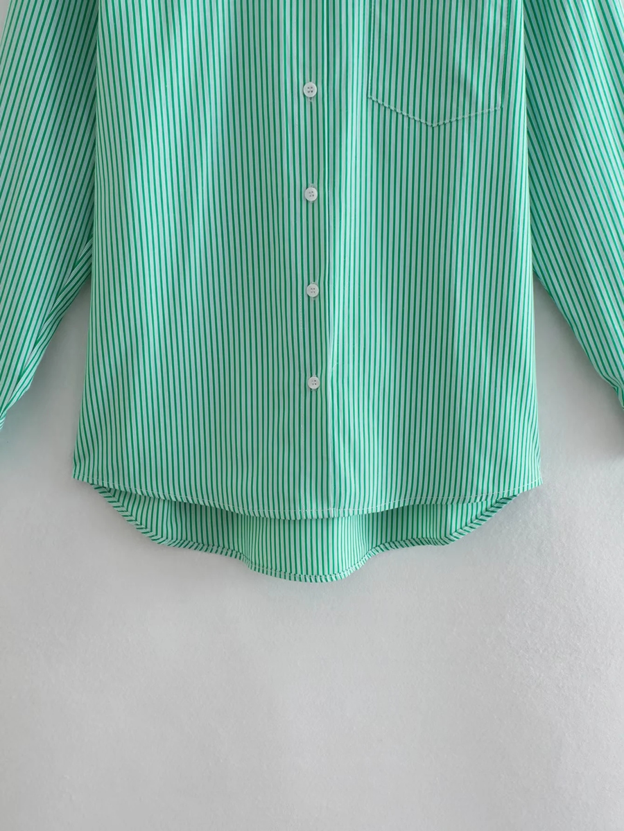 Fashion Green Woven Striped Button Down Collar Shirt,Tank Tops & Camis