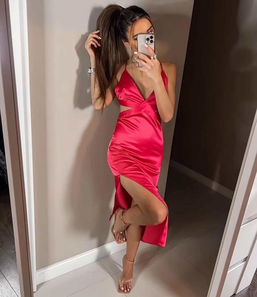 Fashion Red Woven Cutout Back Crossover Slip Dress,Long Dress
