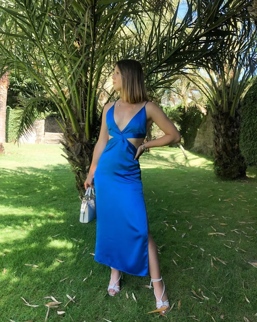 Fashion Blue Woven Cutout Back Crossover Slip Dress,Long Dress