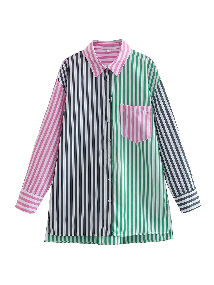 Fashion Color Woven Contrast Striped Button-up Shirt,Blouses