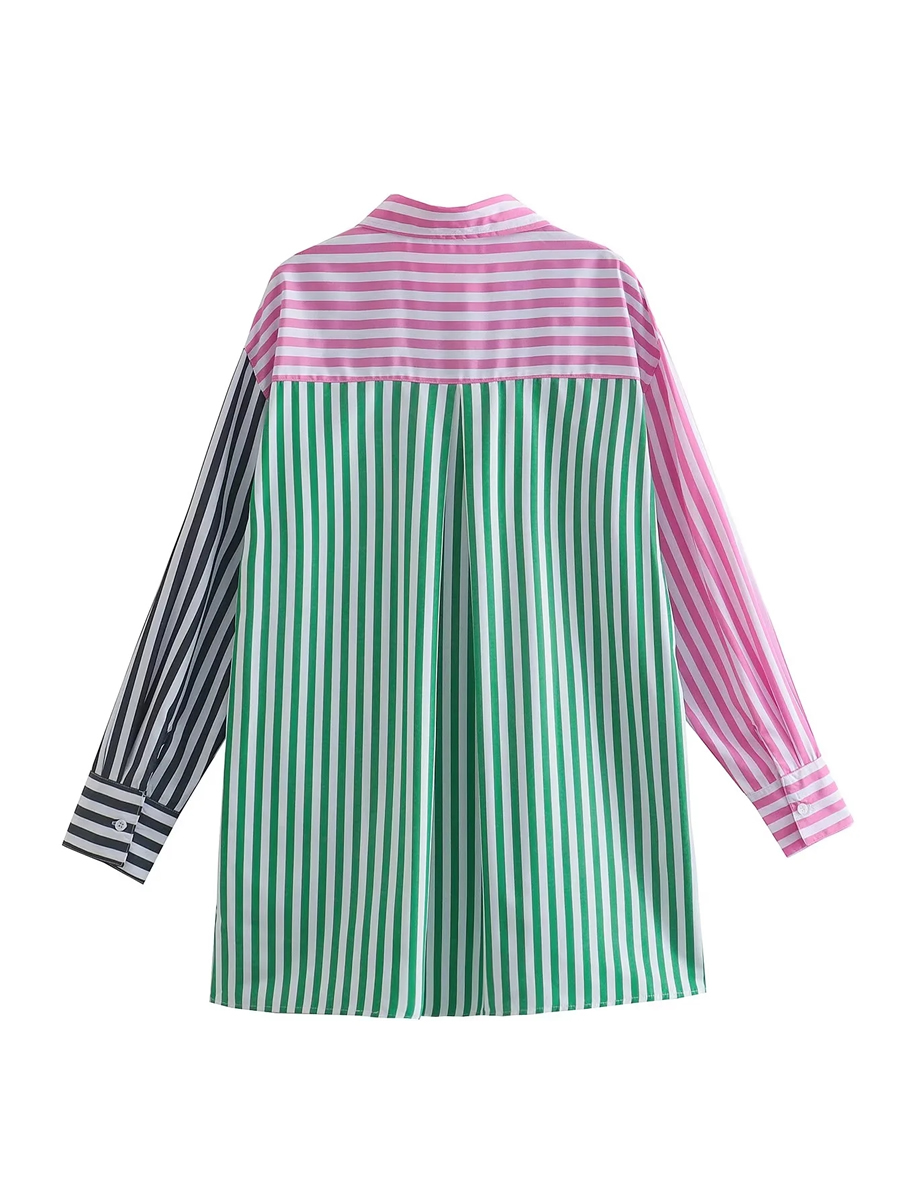 Fashion Color Woven Contrast Striped Button-up Shirt,Blouses