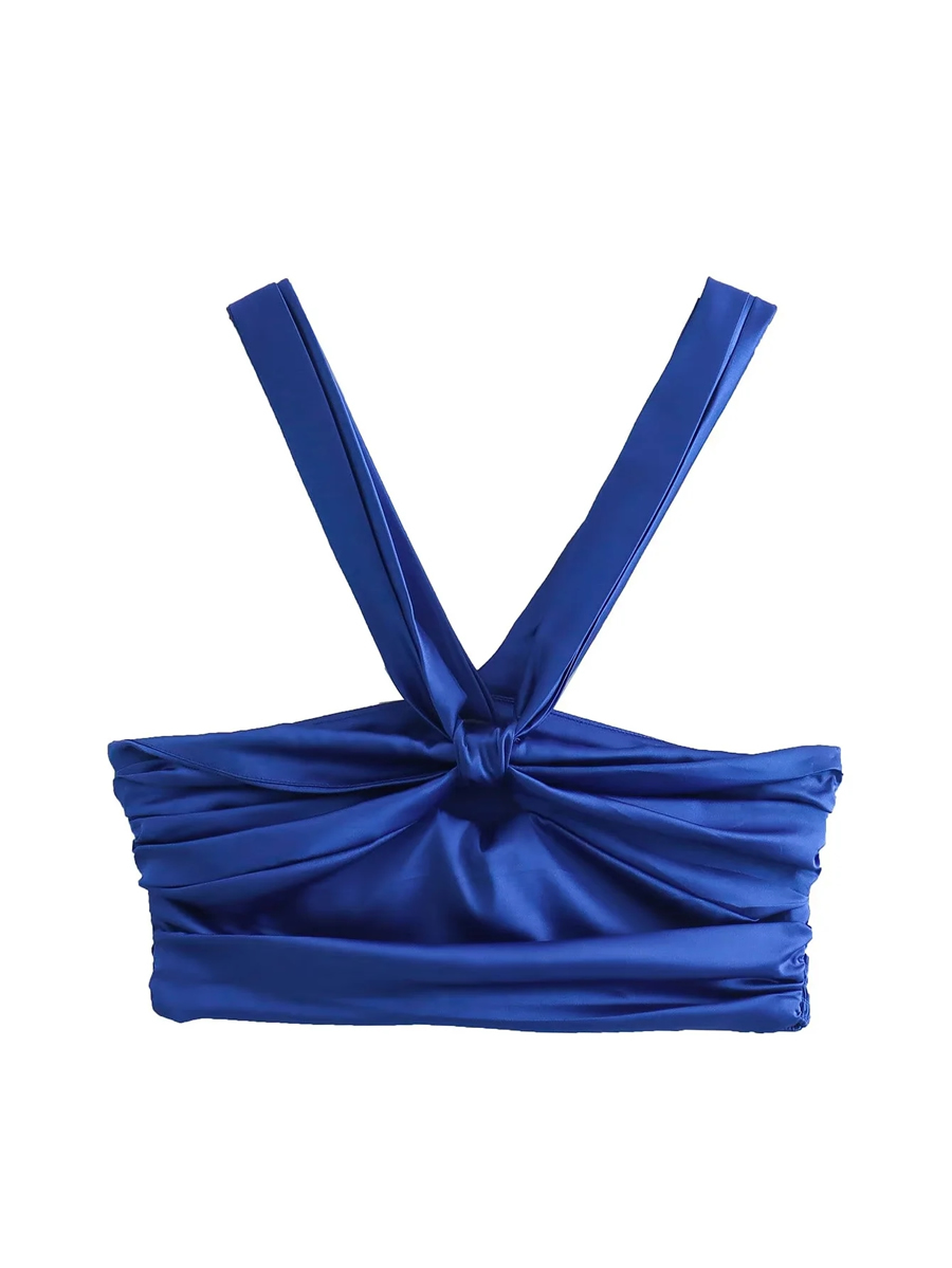 Fashion Blue Woven Cutout Halterneck Bodice,Tank Tops & Camis
