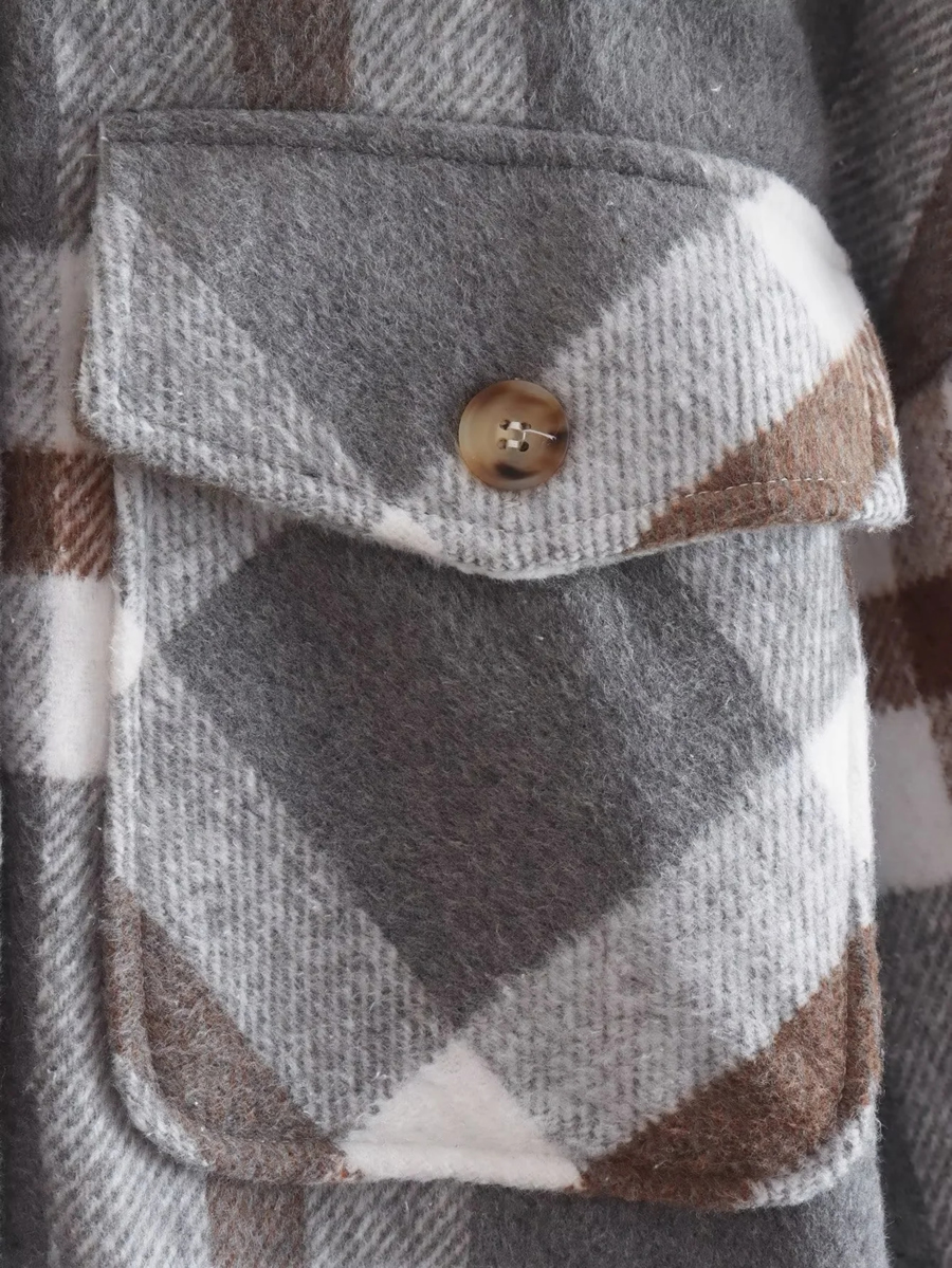 Fashion Grey Wool Check Button Coat,Coat-Jacket