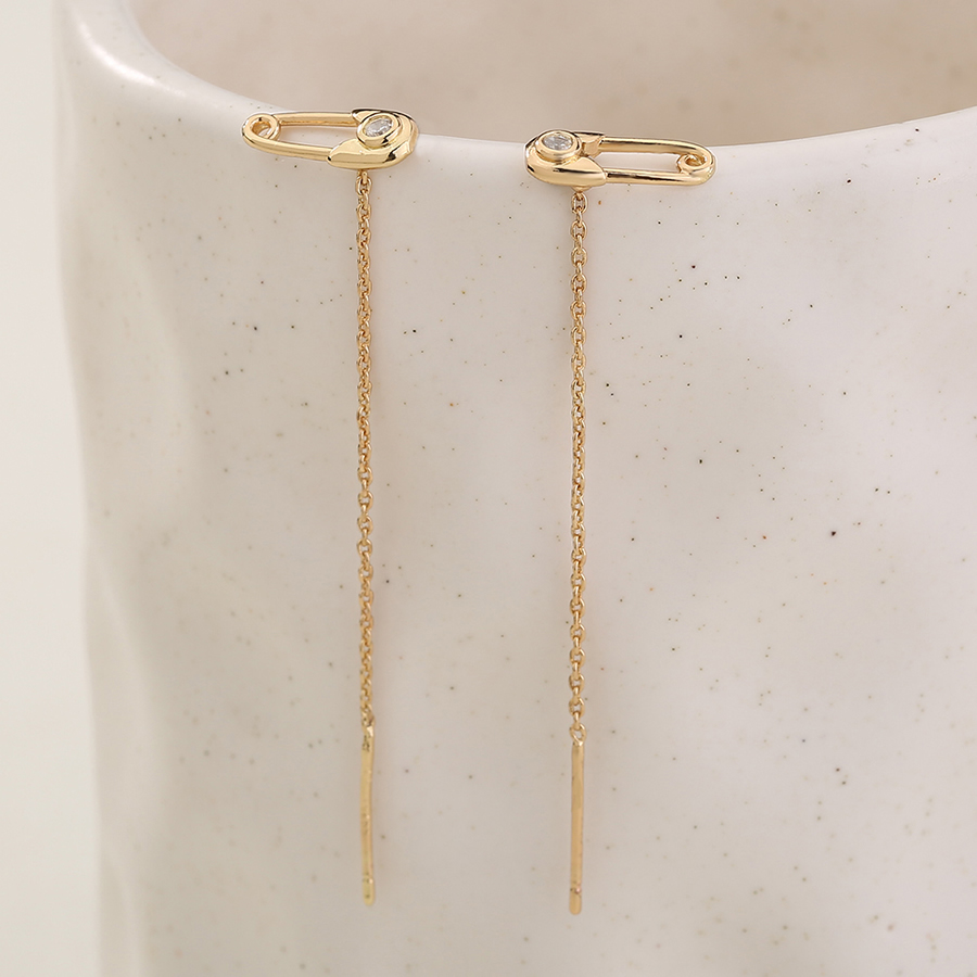 Fashion Gold Brass And Diamond Pin Tassel Drop Earrings,Earrings