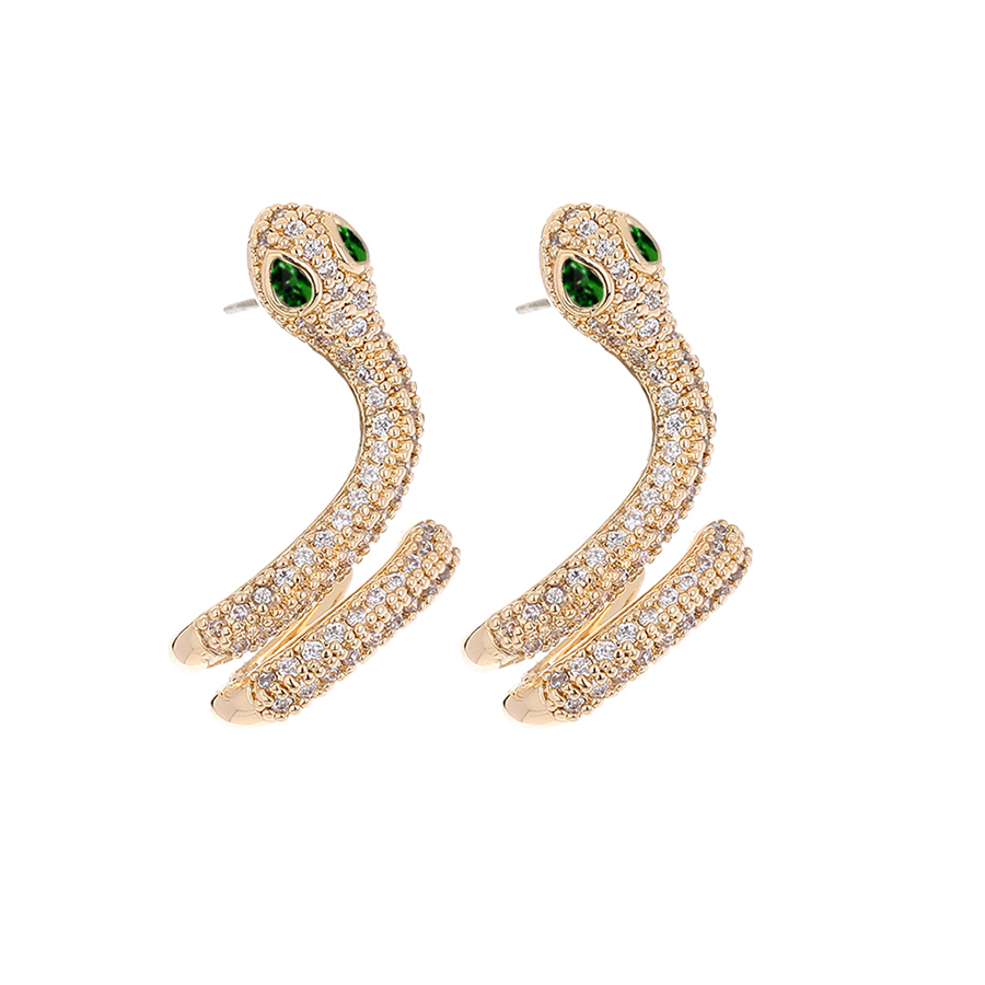 Fashion Gold Brass Diamond Snake Stud Earrings,Earrings