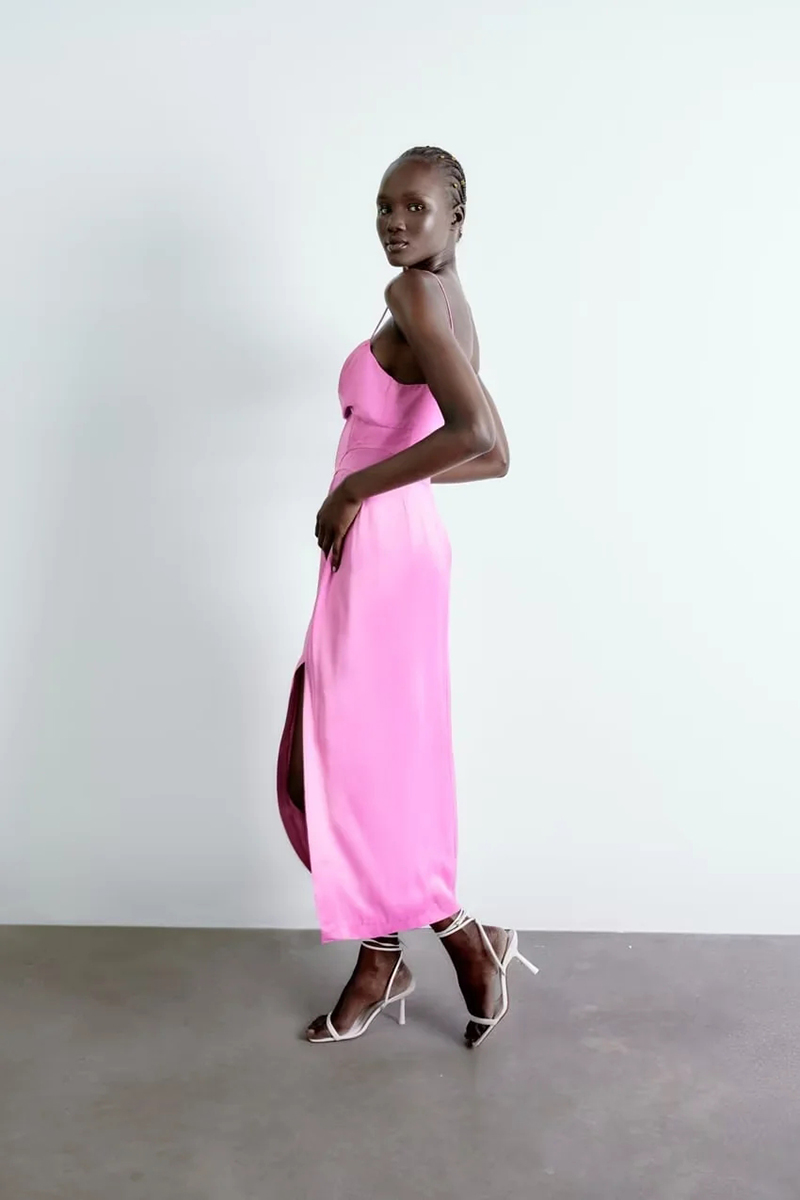 Fashion Pink Silk Satin Slit Dress,Long Dress