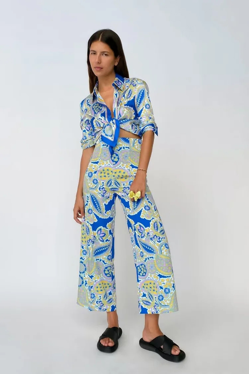 Fashion Blue Geometric-print Drape Wide-leg Pants,Pants