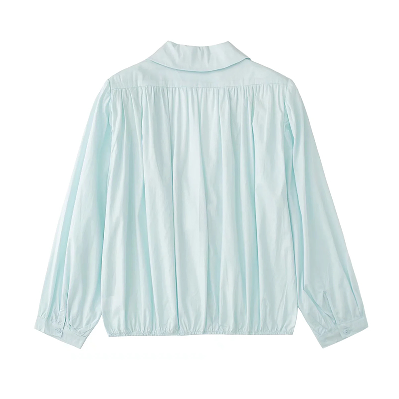 Fashion Blue Cotton Crinkled Shoulder Padding Shirt,Blouses