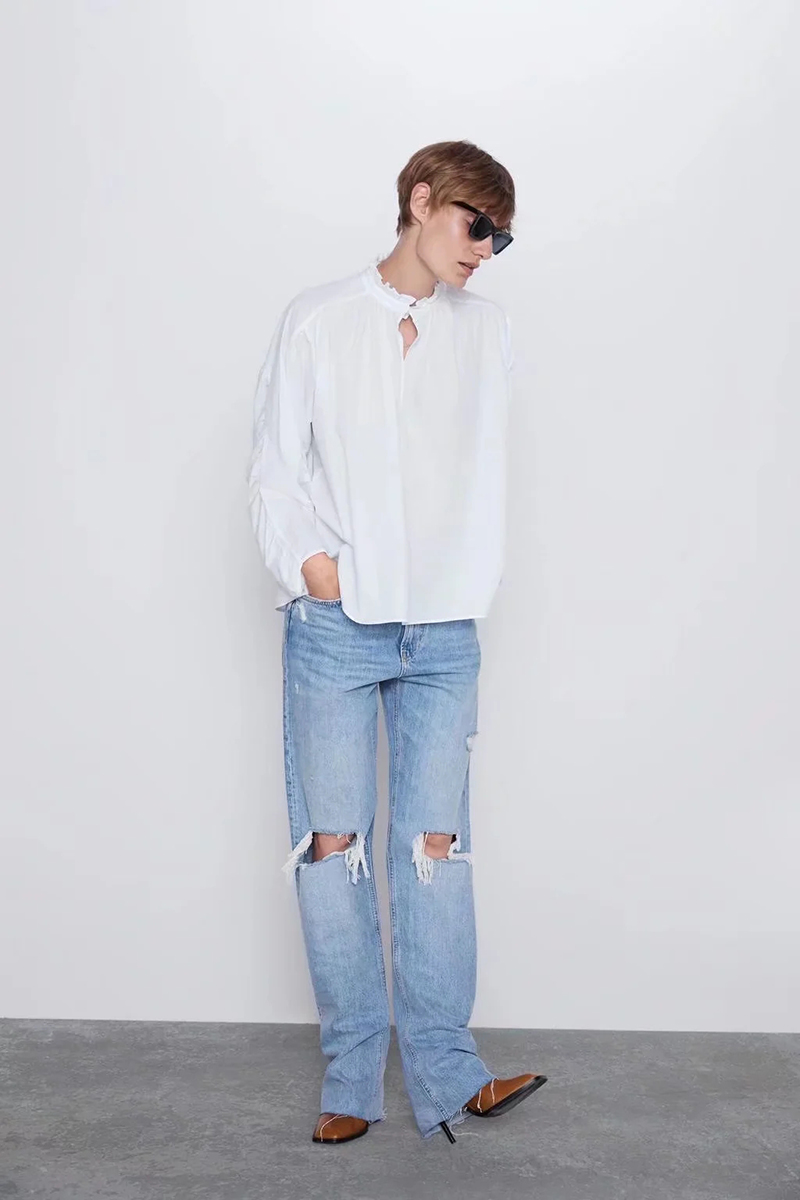 Fashion White Cotton Lace Stand Collar Shirt,Blouses