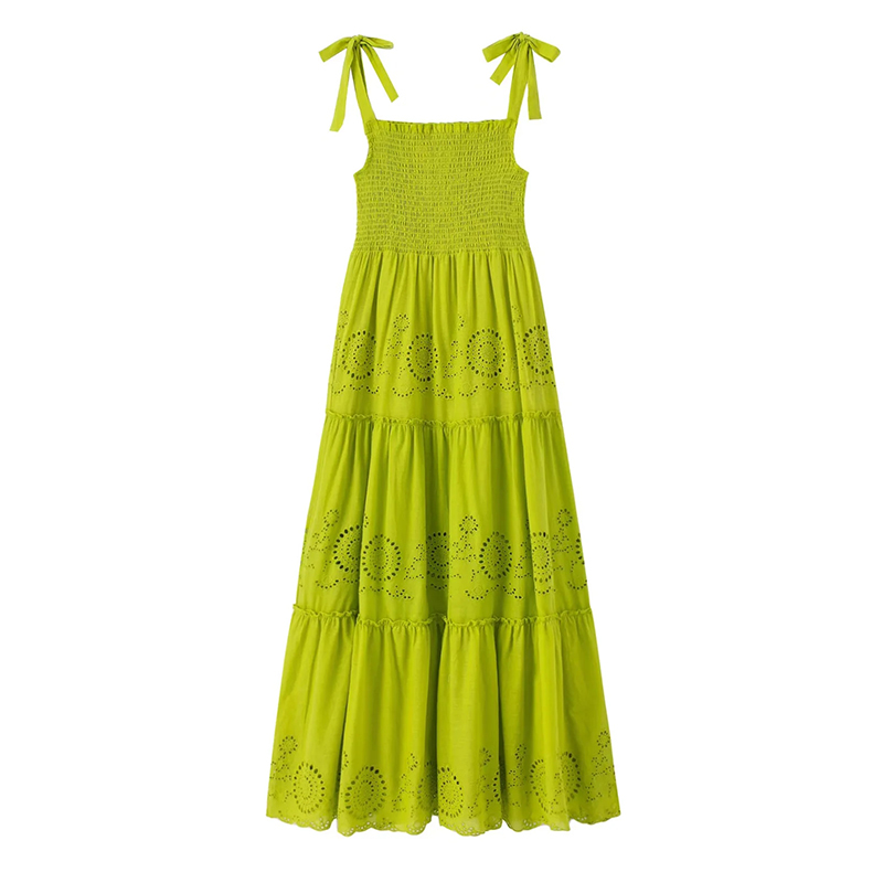 Fashion Green Hollow Embroidered Slip Dress,Long Dress