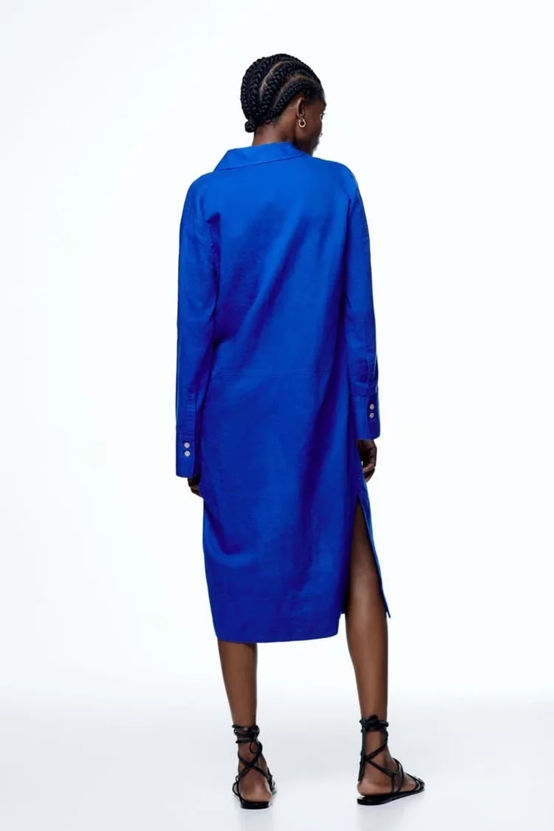 Fashion Blue Linen V-neck Lapel Dress,Long Dress