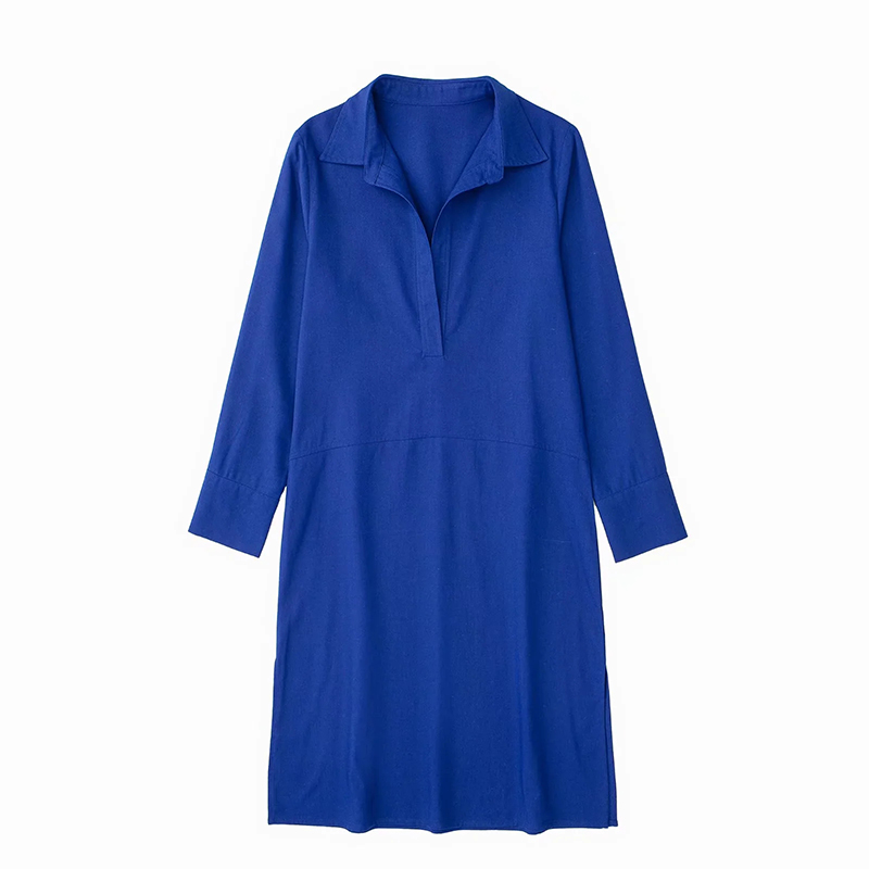 Fashion Blue Linen V-neck Lapel Dress,Long Dress
