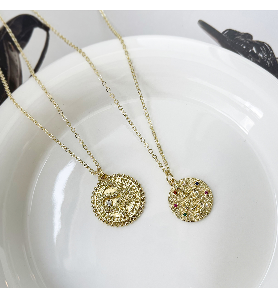 Fashion Gold-2 Bronze Zircon Round Snake Pendant Necklace,Necklaces