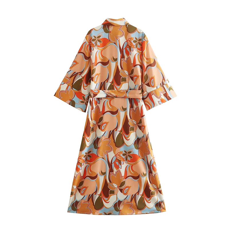 Fashion Orange Woven Print Lapel Dress  Woven,Long Dress