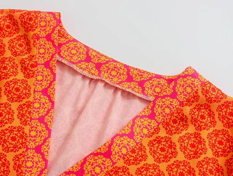 Fashion Orange Woven Print V-neck Dress  Woven,Mini & Short Dresses