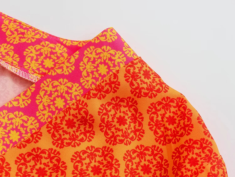 Fashion Orange Woven Print V-neck Dress  Woven,Mini & Short Dresses