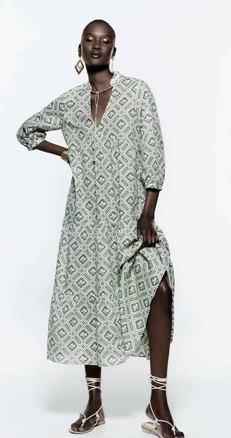 Fashion Green Printed V-neck Dress  Woven,Long Dress