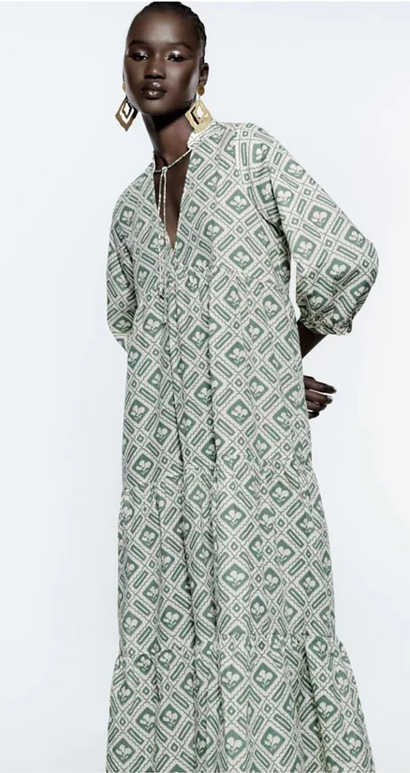 Fashion Green Printed V-neck Dress  Woven,Long Dress