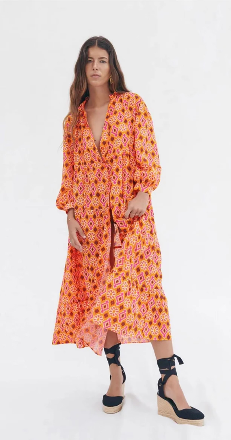 Fashion Orange Printed Long-sleeve Dress  Woven,Long Dress