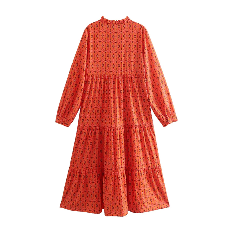 Fashion Orange Printed Long-sleeve Dress  Woven,Long Dress