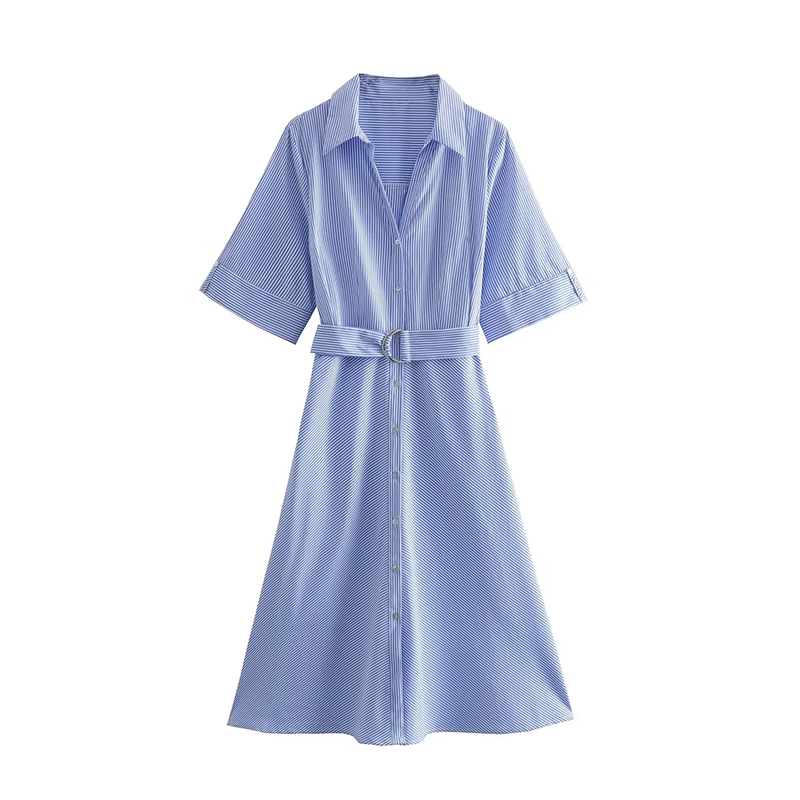 Fashion Blue Woven Striped Lapel Dress  Woven,Long Dress