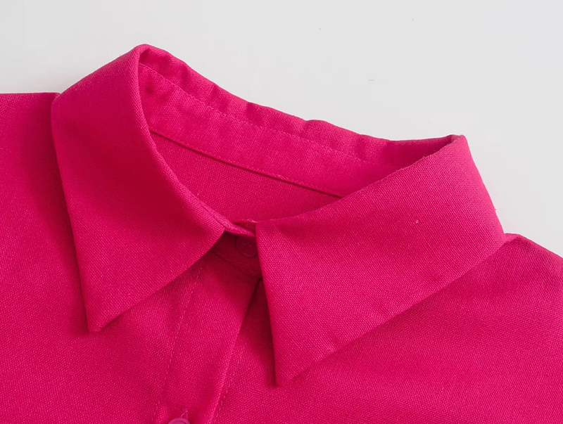 Fashion Rose Red Woven Lapel Button-down Shirt  Woven,Blouses