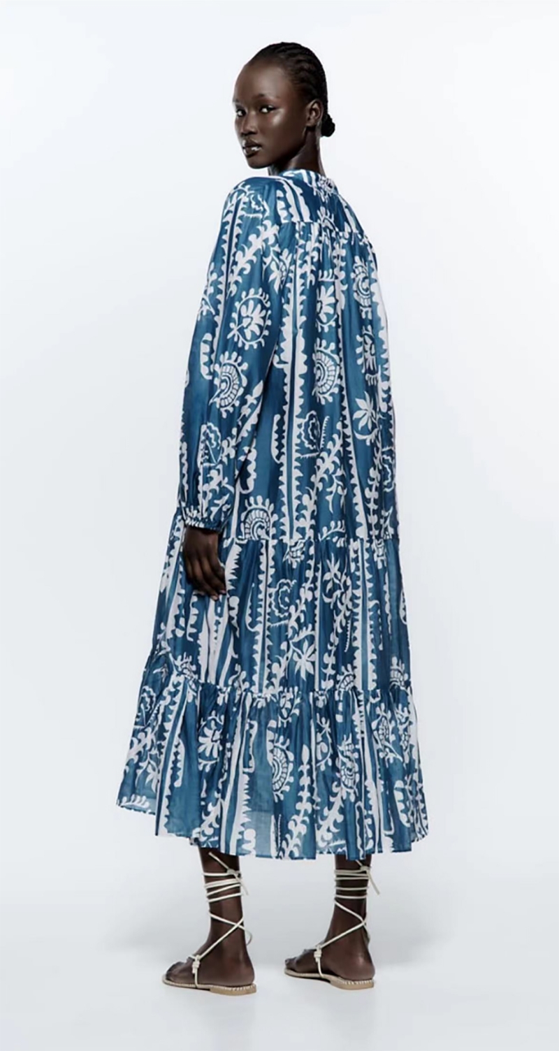 Fashion Blue Printed V-neck Dress  Woven,Long Dress