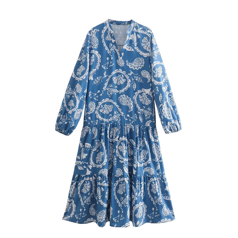 Fashion Blue Printed V-neck Dress  Woven,Long Dress