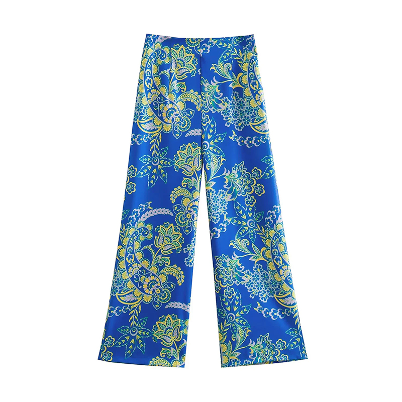 Fashion Blue Woven Print Straight-leg Trousers  Woven,Pants