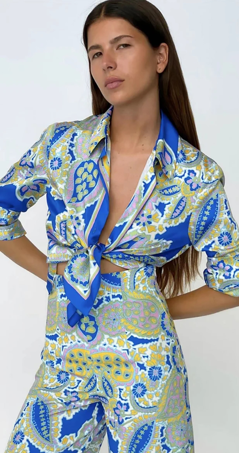 Fashion Blue Printed Lapel Button-down Shirt  Woven,Blouses